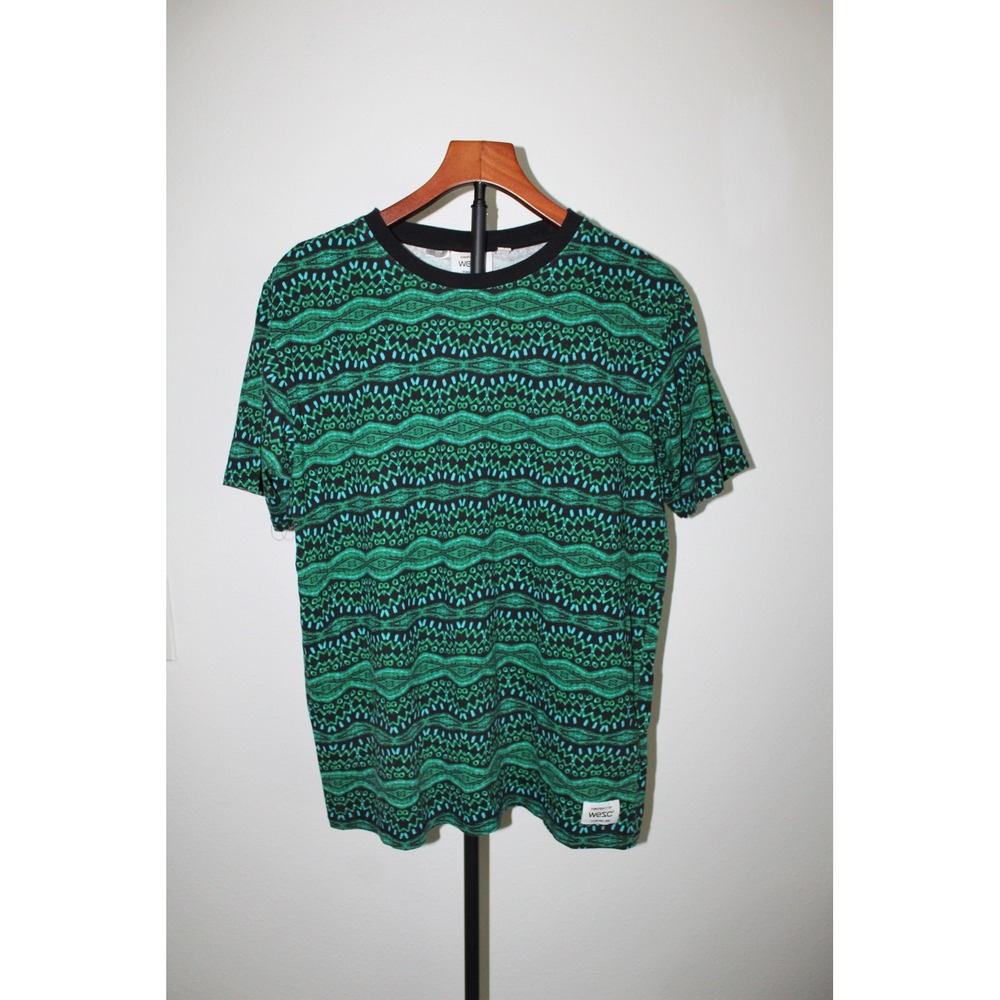 WESC Conspiracy Mens Large Retro Green Tribal Geometric All Over Print T-Shirt L